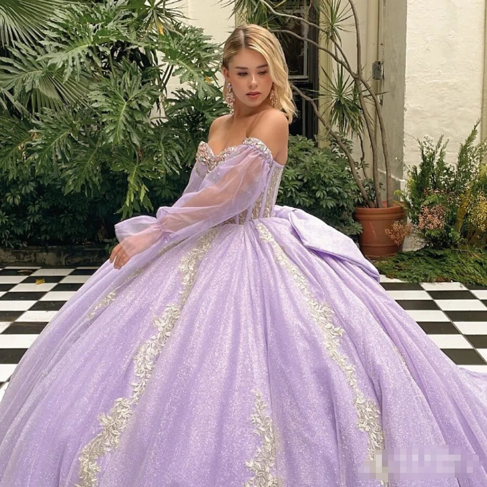 Lilac Lavender Princess Quinceanera Dresses with Long Sleeve Gillter Crystal Corset Lace-up vestidos de 15 años Prom Sweet 16