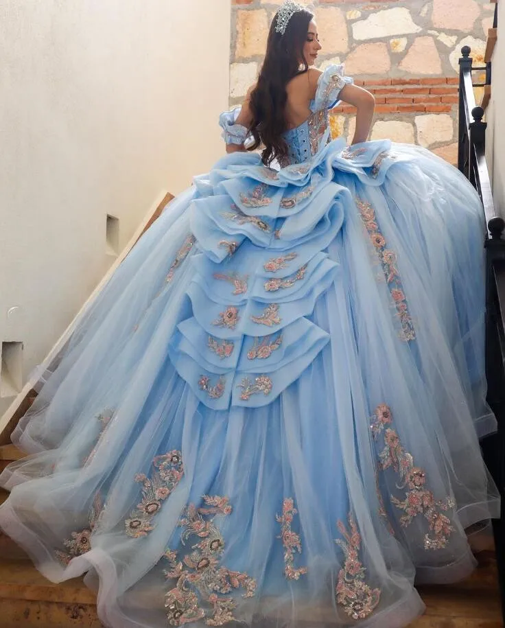 Sky Blue Princess Quinceanera Dresses Ruffles Peplum Off Shoulder Floral Applique Corset vestidos 15 años quinceañera 2024