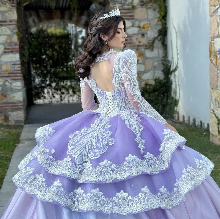 Lilac Lavender Prinncess Quinceanera Dresses Long Sleeve Gillter Applique Lace Peplum vestidos de 15 años quinceañeras 2024 lujo