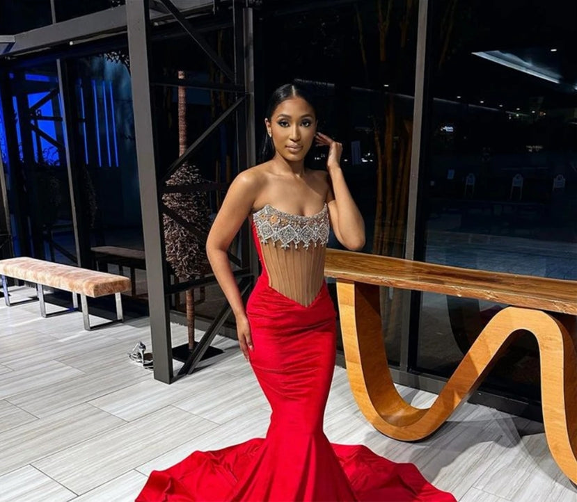 Red Velvet Sliver Beaded Strapless Prom Dresses 2024 Luxury Gowns Mermaid Dress For Party Wedding Evening Sexy Formal Gowns