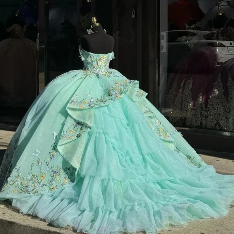 Saudi Arabic Mint Green Quinceanera Dresses Off Shoulder Lace Applique Corset Ball Skirt Vestido De 15 16 Anos Prom Party Gown