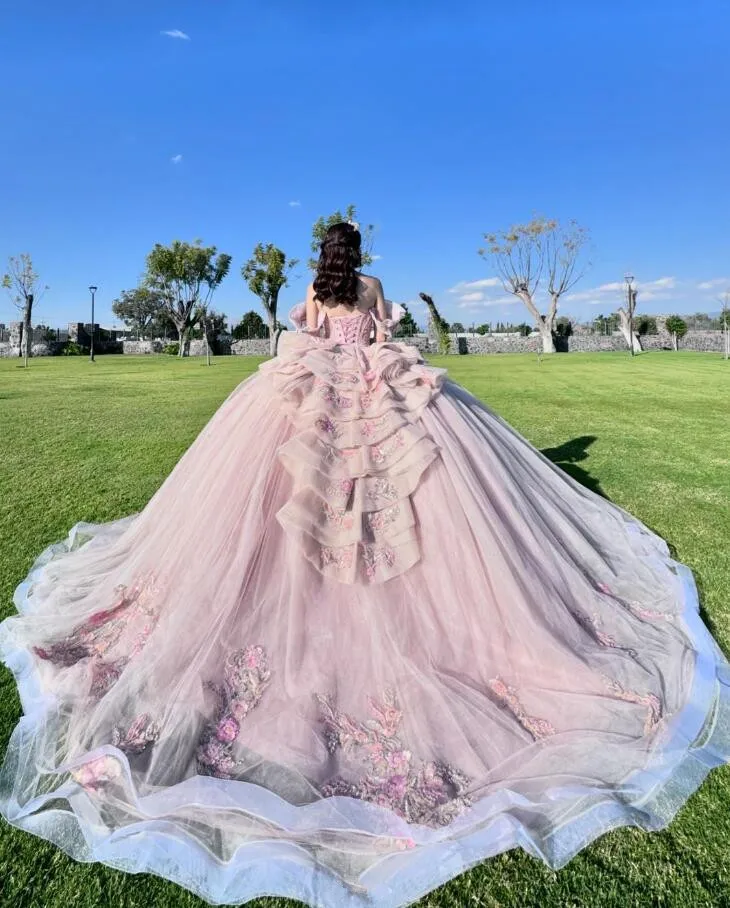 Blush Pink Princess Quinceanera Dresses Off Shoulder Ruffles 3D Floral Applique Corset Fairy vestidos de 15 años quinceañeras