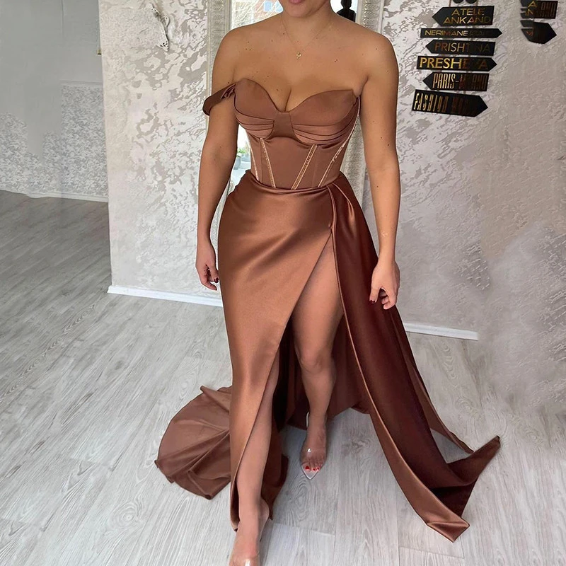 Chocolate Sweetheart Formal Evening Gowns Sexy Corset Prom Dresses Sexy Side Split Satin Evening Party Dress