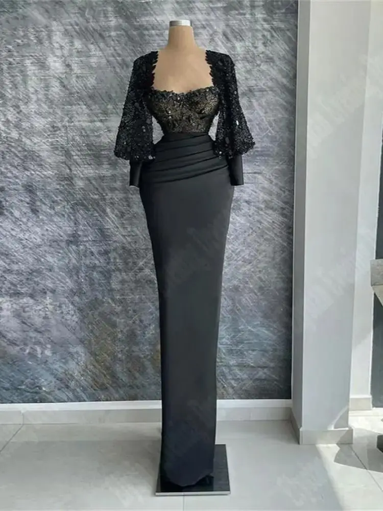 Black Lace Long Sleeve Women Evening Dresses Sexy Soft Satin Formal Party Prom Gowns Newest Celebrity Ball