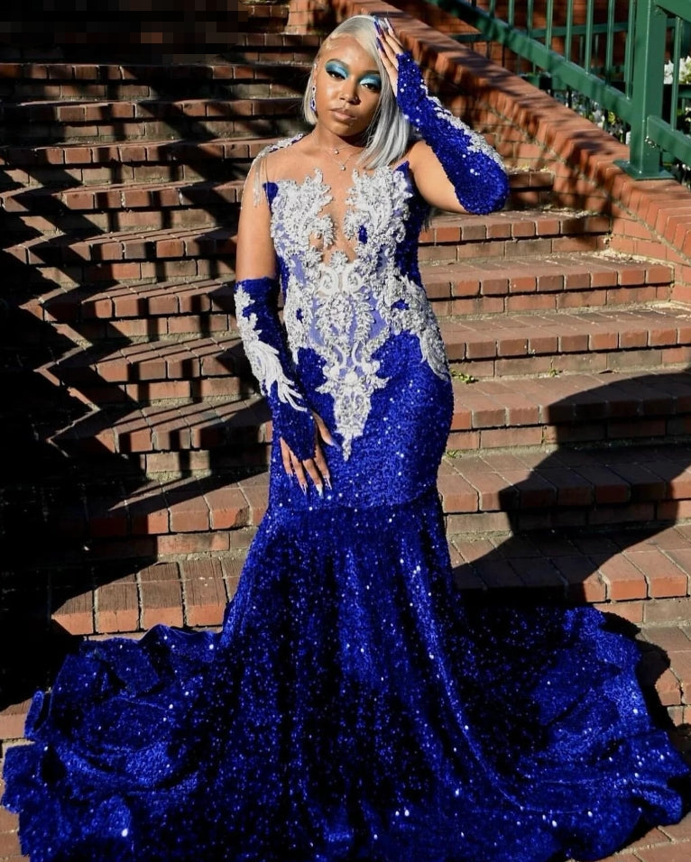 Sparkly Royal Blue Sequins Prom Dress Black Girls Silver Crystals Rhinestones Beaded Birthday Party Gala Gowns