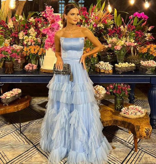 Sky Blue Party Dress Strapless A Line Prom Dress Tiered Ruffles Tulle Skirt Long Evening Dresses Floor Length