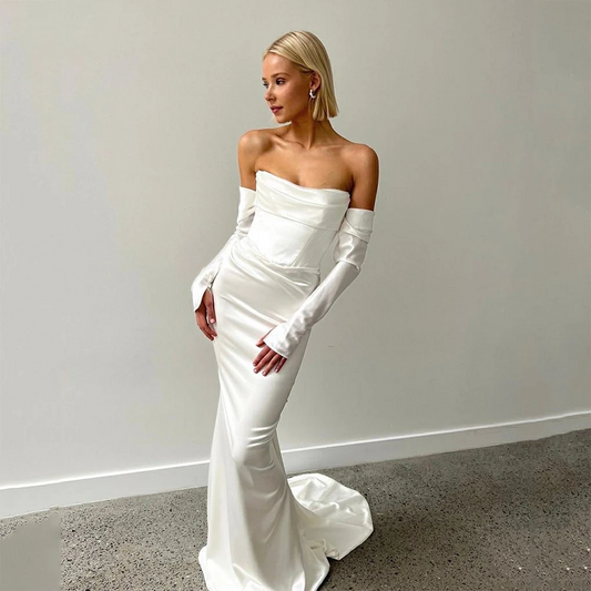 Mermaid Satin Wedding Dress Long Sleeve Pelats Simple Bride Dresses Women Wedding Gown