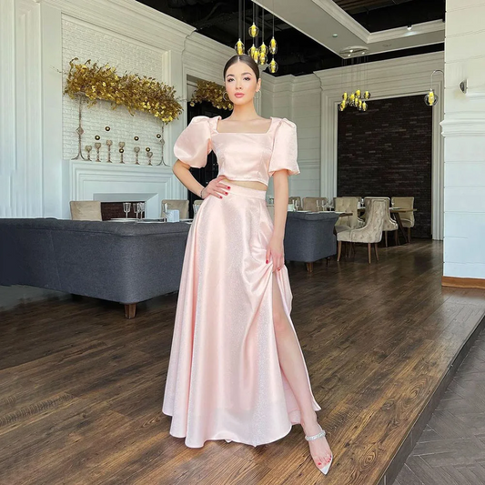 Pink Satin Evening Dresses Short Sleeves Two Pieces Prom Dresses Square Collar Prom Gowns Slit vestidos de novia 2024