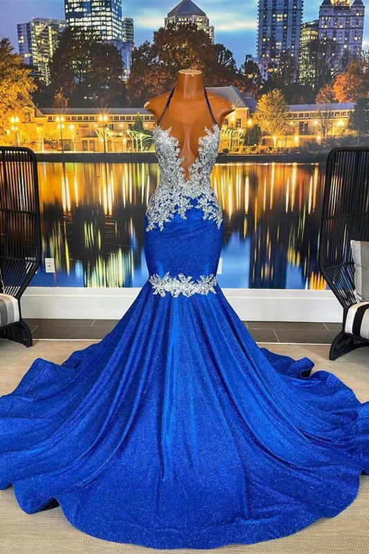 Halter Beautiful Royal Blue Mermaid Prom Dress With Appliques