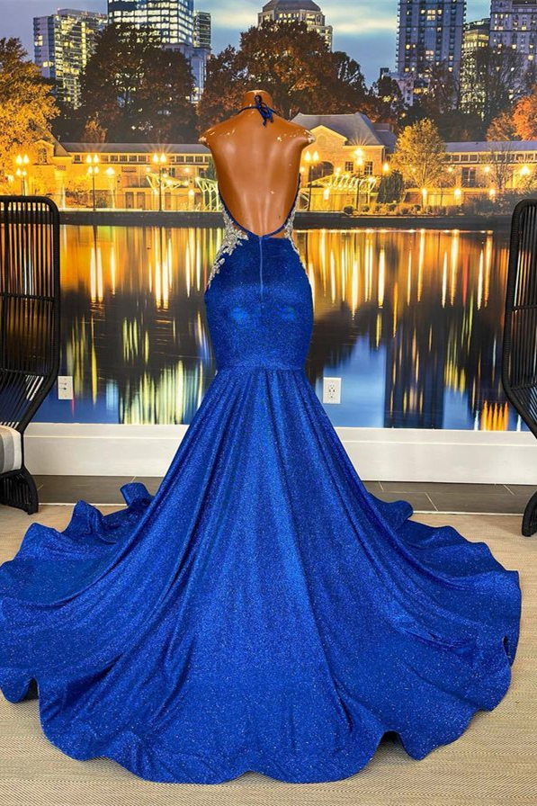 Halter Beautiful Royal Blue Mermaid Prom Dress With Appliques