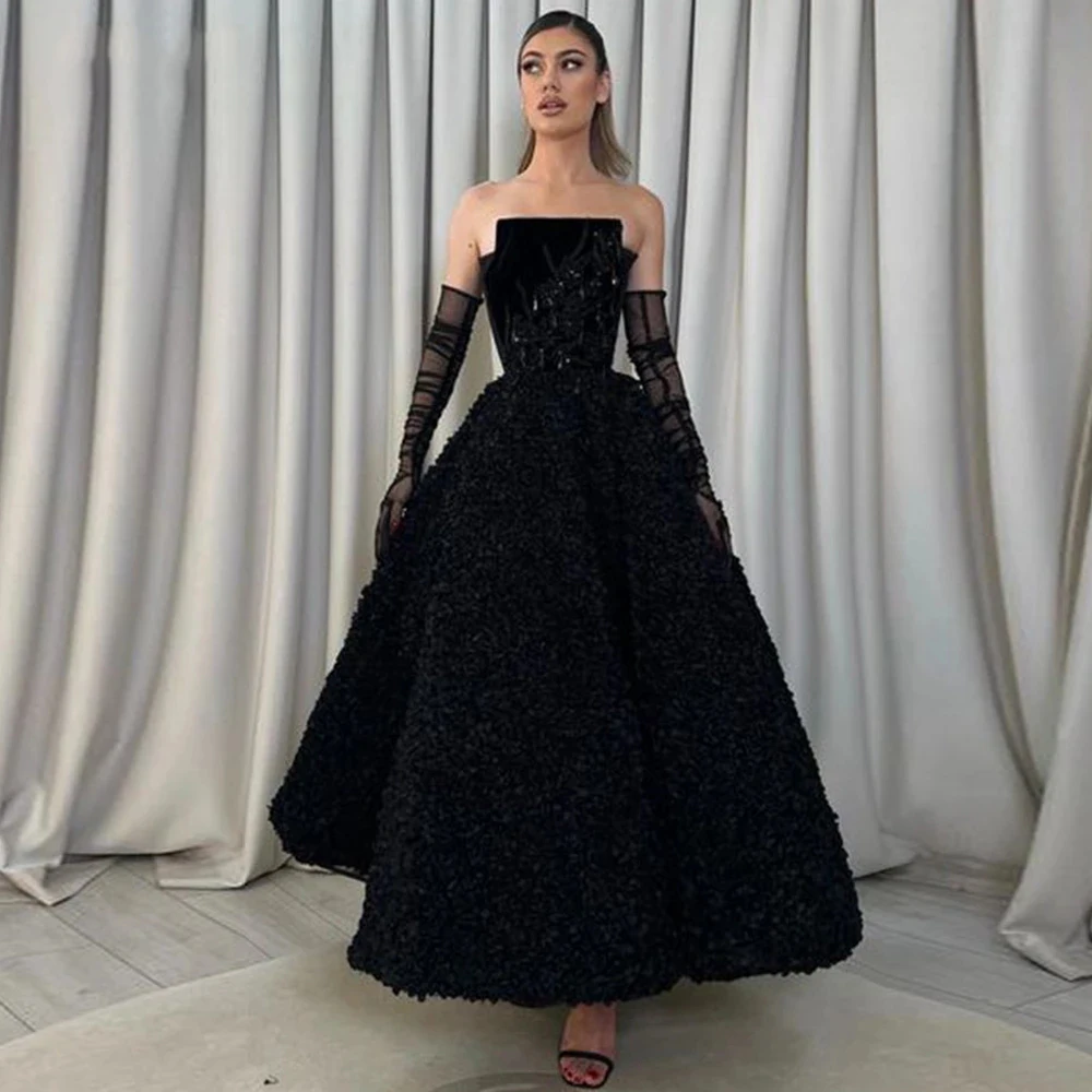 Black Satin Prom Dresses A-Line Women Boat Neck Lace Appliques Floor Length Evening Gowns Formal Occasion Robes De Soirée