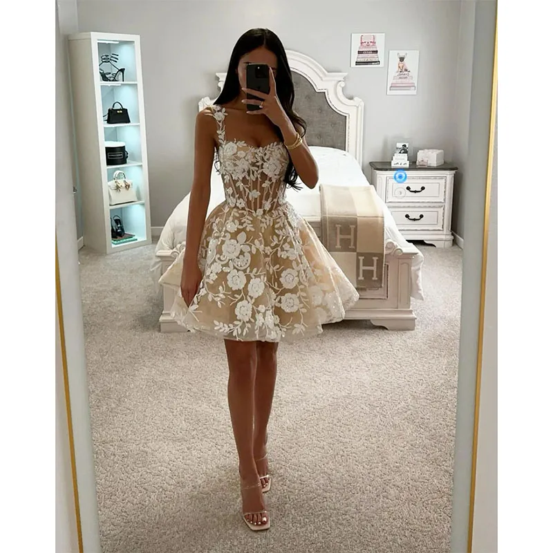 Light Champagne Cocktail Dresses Straps Appliqued Short Prom Dress Mini Party Gowns A-Line Homecoming Graduation Dress