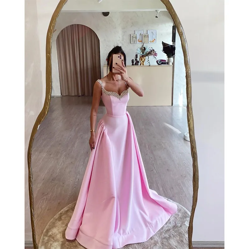 Stunning Pink A Line Prom Dress Beaded Straps Formal Evening Dresses Elegant Sweep Train Dresses for Special Occasions