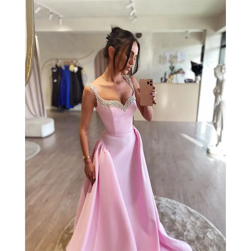 Stunning Pink A Line Prom Dress Beaded Straps Formal Evening Dresses Elegant Sweep Train Dresses for Special Occasions