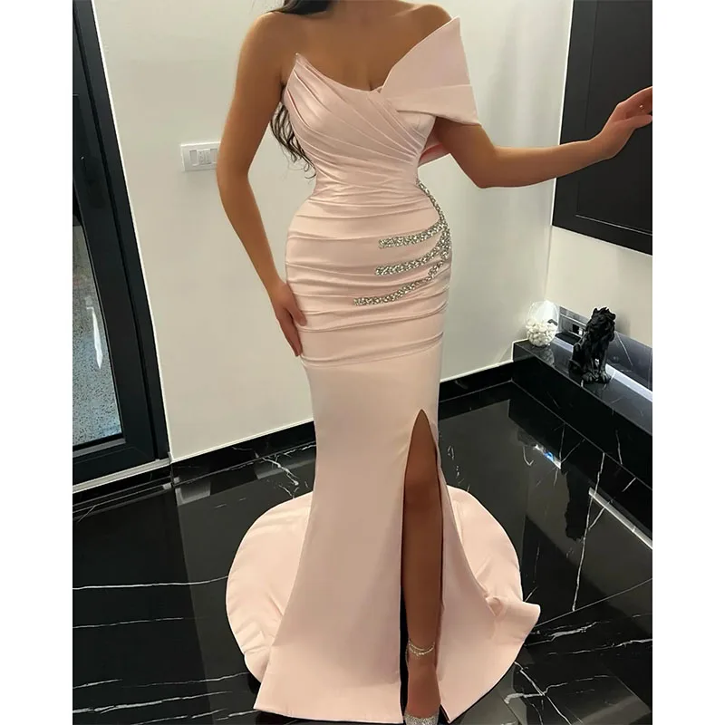 Light Pink Mermaid Prom Dresses Beads Waist Evening Dress Pleats Formal Long Special Occasion Split Party Dress