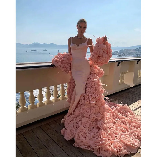 Gorgeous Mermaid Evening Dresses For Women 3D Floral Jacket Skirt Slim Fit Sleeveless Backless Dress Party Gown Custom Made