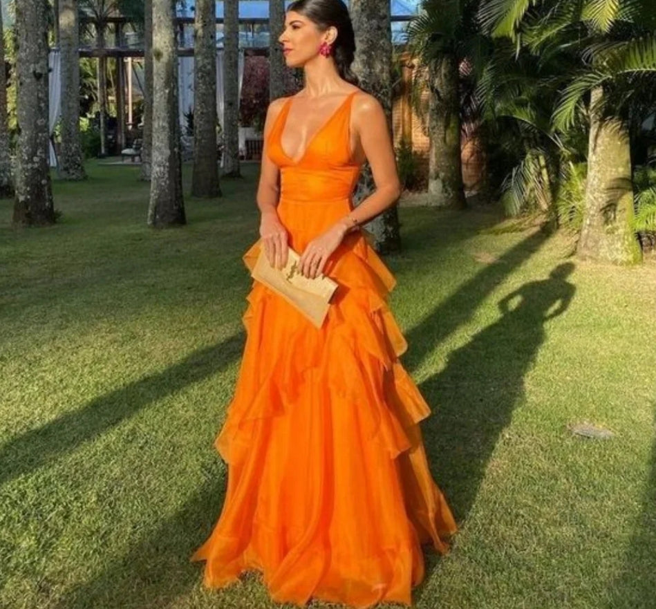 Sexy V-neck Prom Dressess A-Line Tiered Cocktail Evening Dress Orange Ladies Formal Sleeveless Gown