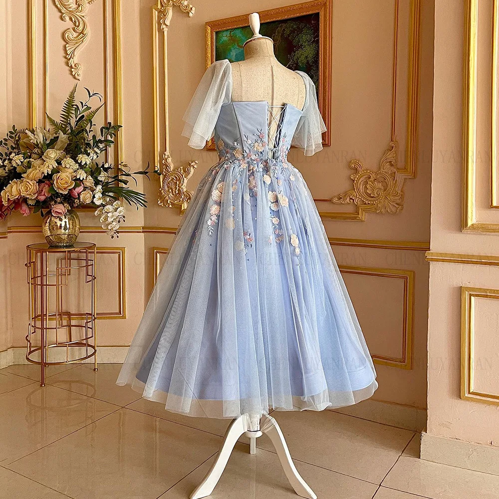 Sky Blue A-line Formal Occasion Dresses 2024 Applique Elegant Party Dress Tea-Length Lace Up Evening Gowns فساتين مناسبة رسمية