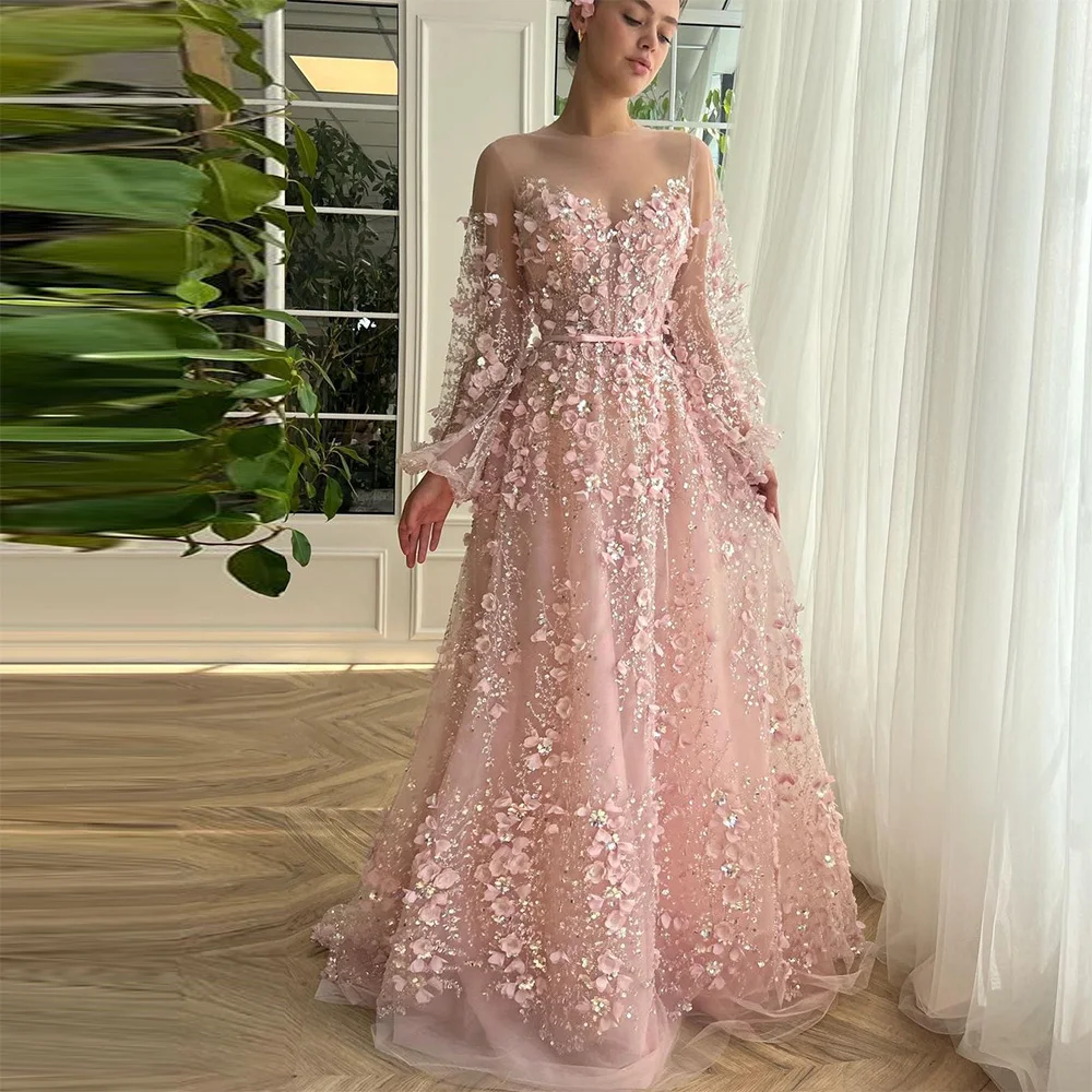 Exquisite Sequined Crystal Beading 3D Flowers Prom Dresses Long Sleeves Pleat Ruched A-Line Evening Gowns Formal Gown