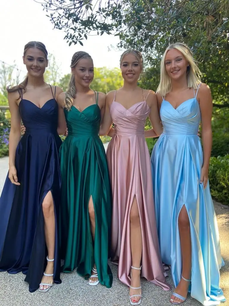 Simple Spaghetti Straps Satin Prom Dresses Side Slit Long Bridesmaid Dresses Formal Occasion gala Women Evening Party Dress