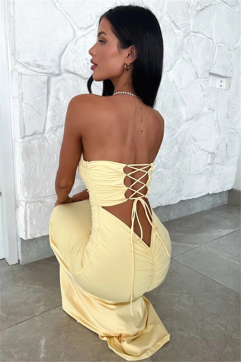 Strapless Backless Lace-up Maxi Dress For Women Summer New Off-shoulder Sleeveless Bodycon Club Party Long Dress