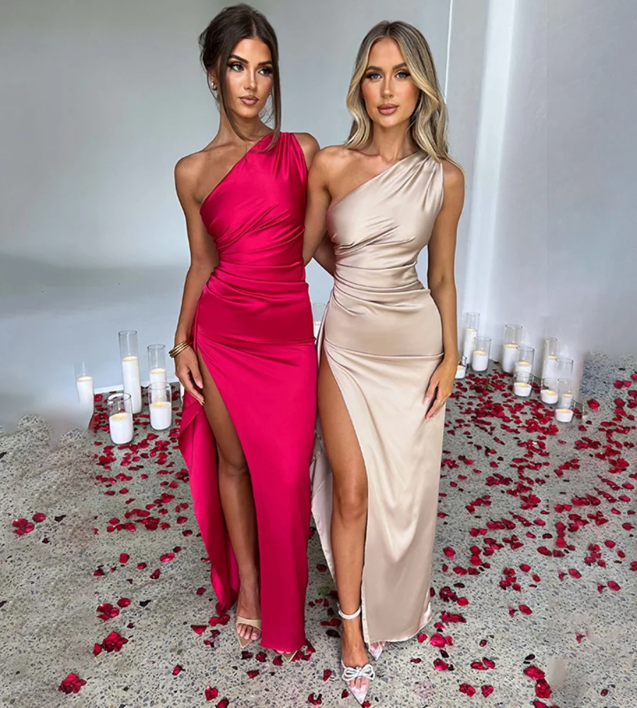 Women's 2024 summer One Shoulder Shrink Pleated Split Sexy Satin Dress Slim Solid Color Long Dresses Prom Dresses