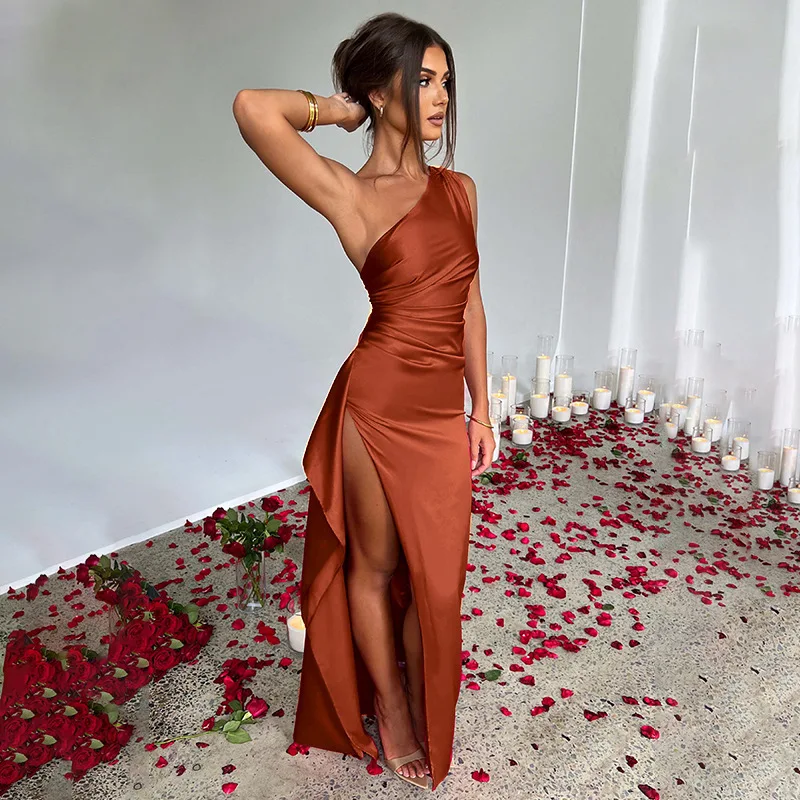 Women's 2024 summer One Shoulder Shrink Pleated Split Sexy Satin Dress Slim Solid Color Long Dresses Prom Dresses