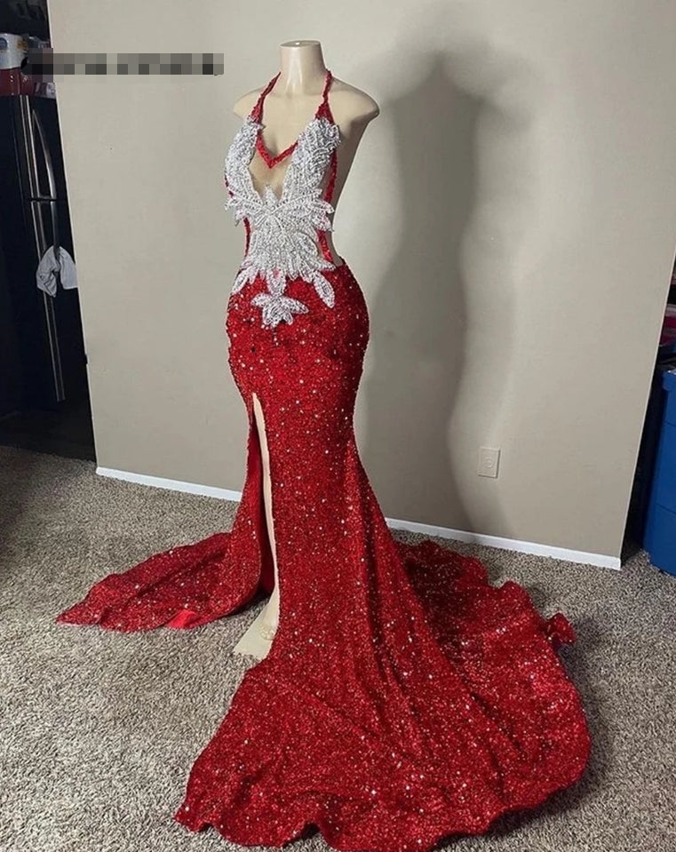 Sliver Appliques Red Sequin Halter Prom Dresses 2024 For Black Girls Slit Mermaid Cocktail Dress Elegant Formal Occasion Gowns