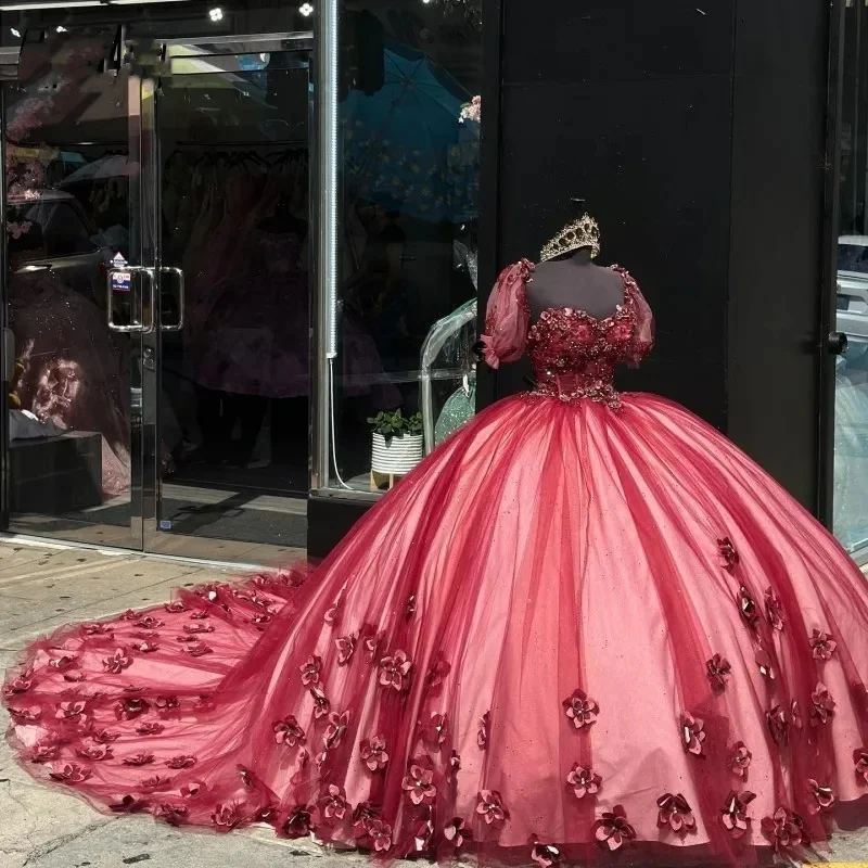 Red Quincenara Dresses With 3D Floral Applique Sweetheart Vestidos De 15 Quinceanera Shinny Pageant Dress 2024