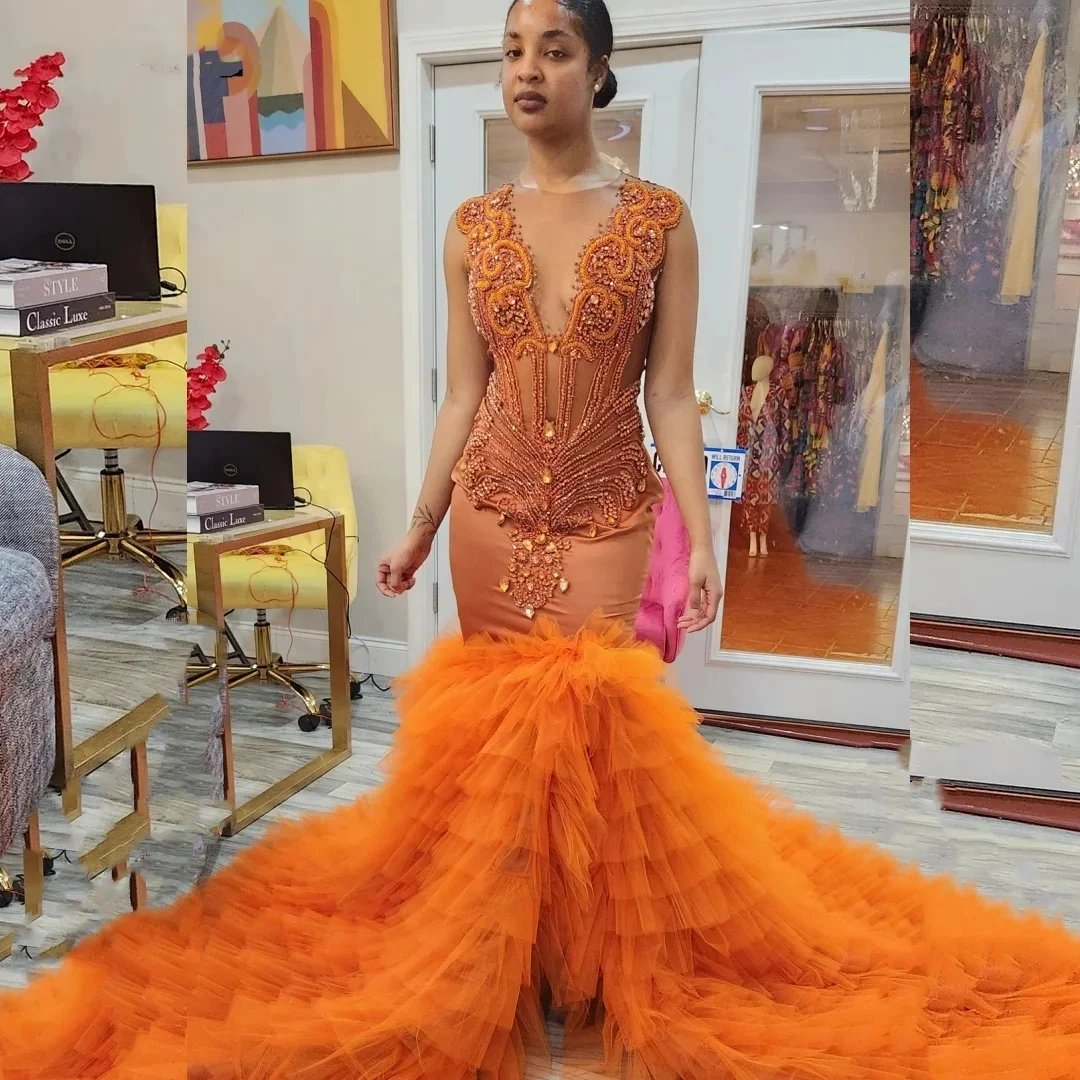 High Slit Orange Long Prom Dress for Black Girls Beaded Rhinestones Ruffles Women Party Gala Gown Robe De Soiree