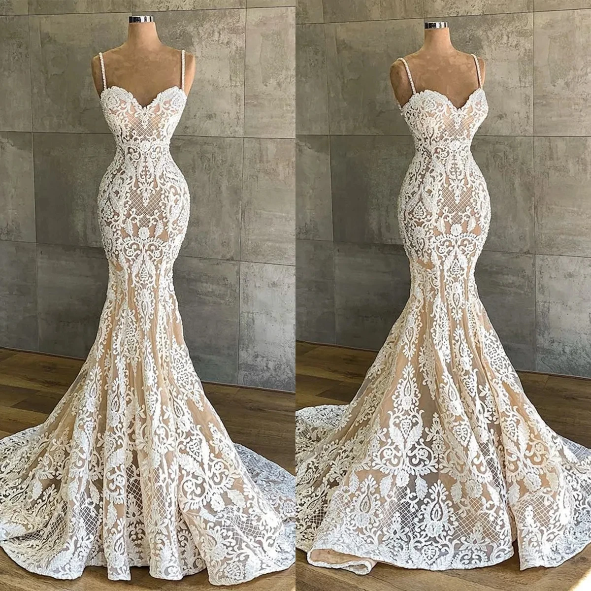 Elegant Lace Mermaid Wedding Dresses Spaghetti Straps Sleeveless Bridal Gown Simple Floor Length Formal Trumpet Dress