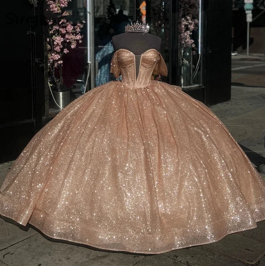 Glitter Rose Gold Princess Quinceanera Dress Bow Off Shoulder Crystals Beads Shiny Cinderella Sweet 16 Dress Vestidos De 15 Años