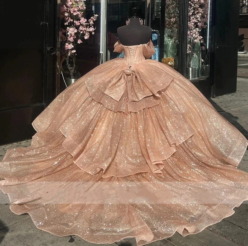 Glitter Rose Gold Princess Quinceanera Dress Bow Off Shoulder Crystals Beads Shiny Cinderella Sweet 16 Dress Vestidos De 15 Años