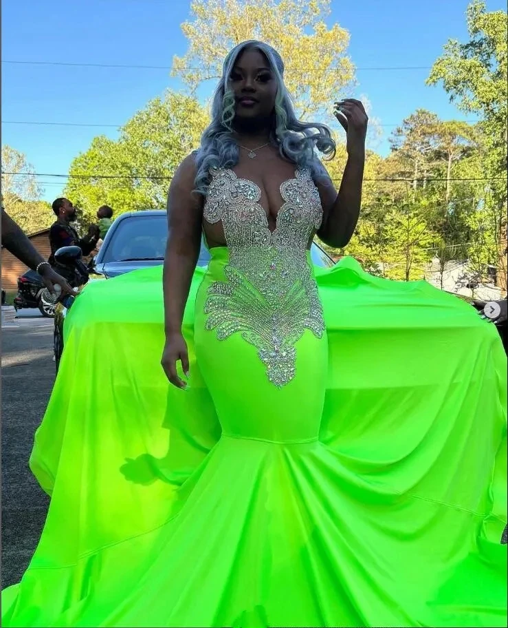 Green Sparkly Mermaid Prom Occasion Party Dresses for Black Girl Diamond Crystal Evening Birthday Gala Dress plus szie