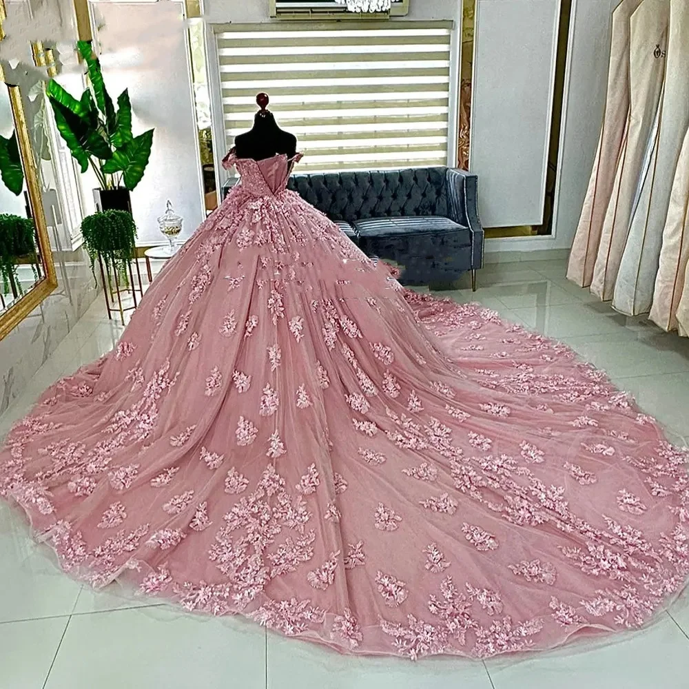 Pink Crystal Beading Off The Shoulder Ball Gown Quinceanera Dresses 2024 Appliques Lace Corset Vestidos De 15 Anos