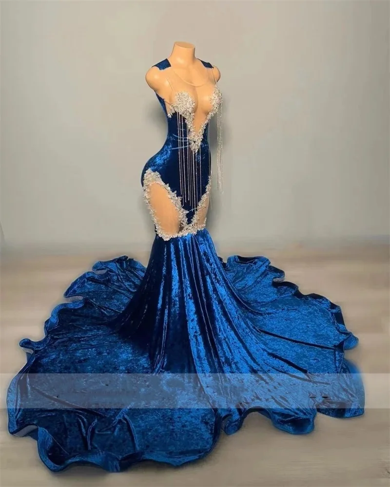 Blue Velvet Luxury Long Prom Dresses Crystals Rhinestones Beads Tassels Evening Gown Tassels Wedding Party Gown