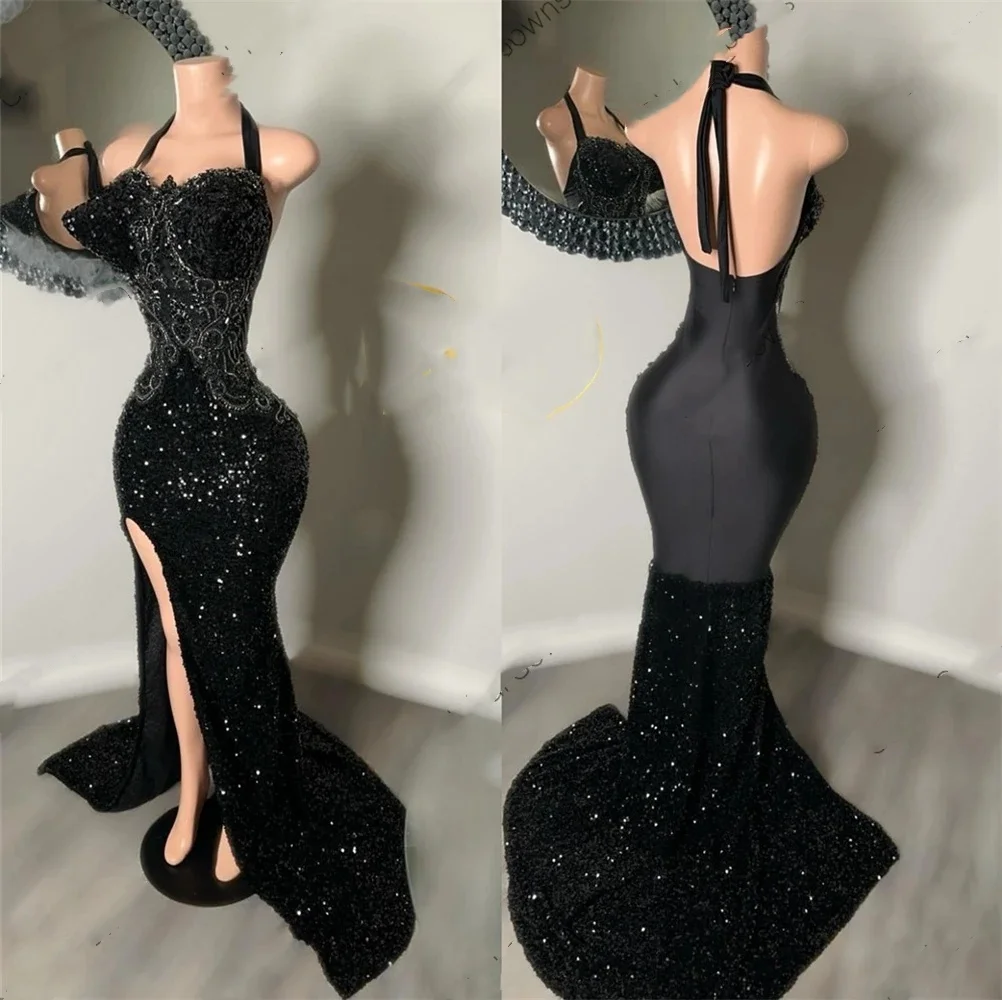 Sexy Halter Neck Long Prom Dress For Black Girls 2024 Applique Birthday Party Dresses Sequined Evening Gown High Slit Robe De Ba