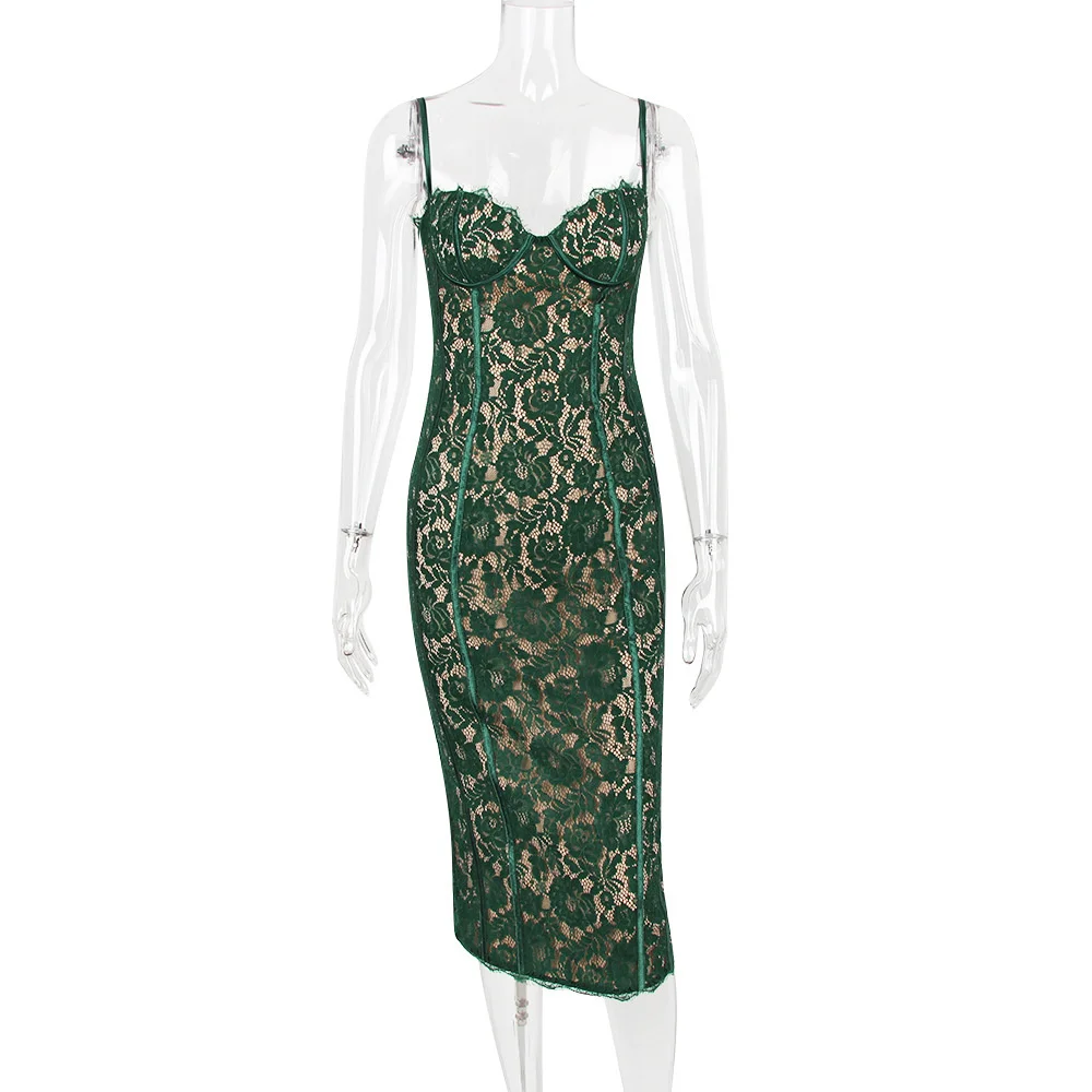 Spaghetti Strap Lace Sexy Midi Dress For Women Gown Green Sleeveless Backless Club Party Printed Long Dress Vestidos