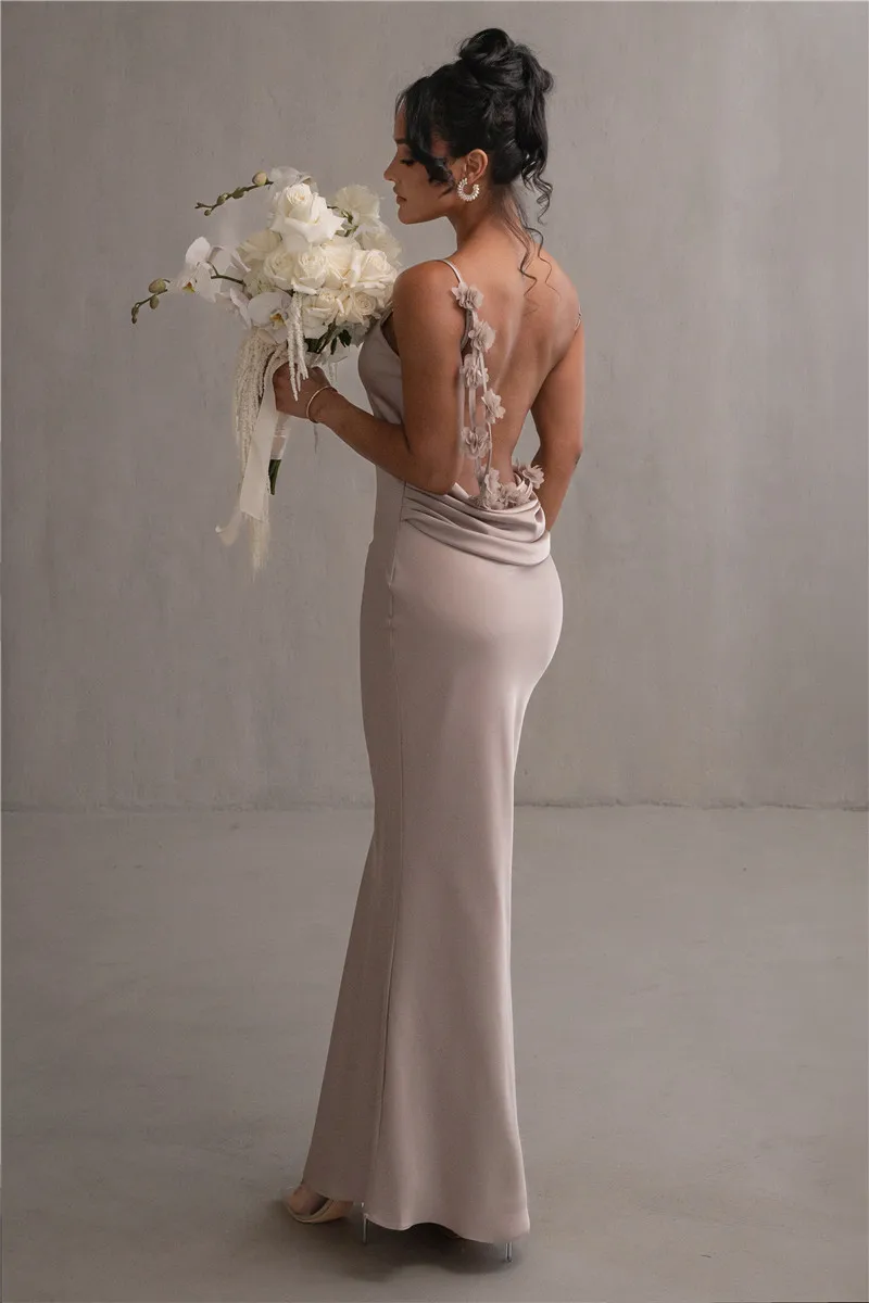 Floral Draped Backless Maxi Long Dress For Women Fashion Spaghetti Strap Sleeveless Bodycon Evening Party Dress Elegant