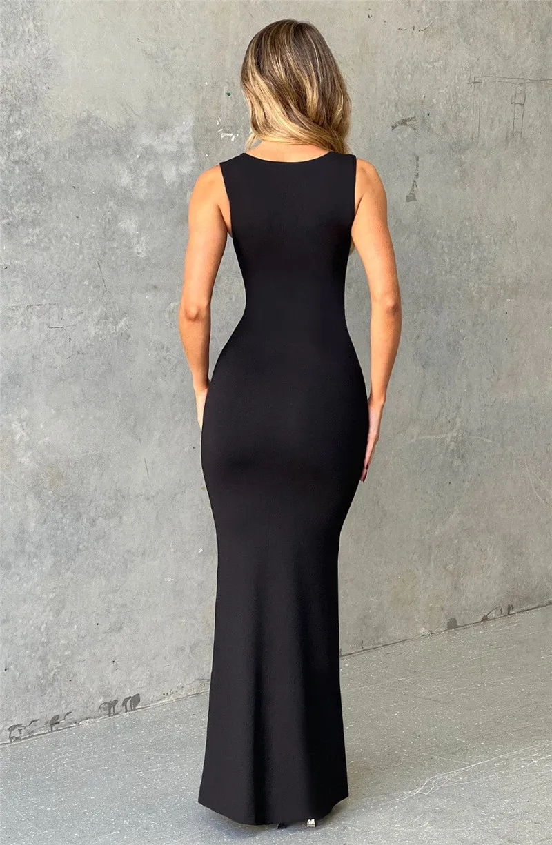 Elegant Sleeveless Sexy Maxi Dress For Women Summer New Square Collar Bodycon Club Party Long Tank Dress New 2024