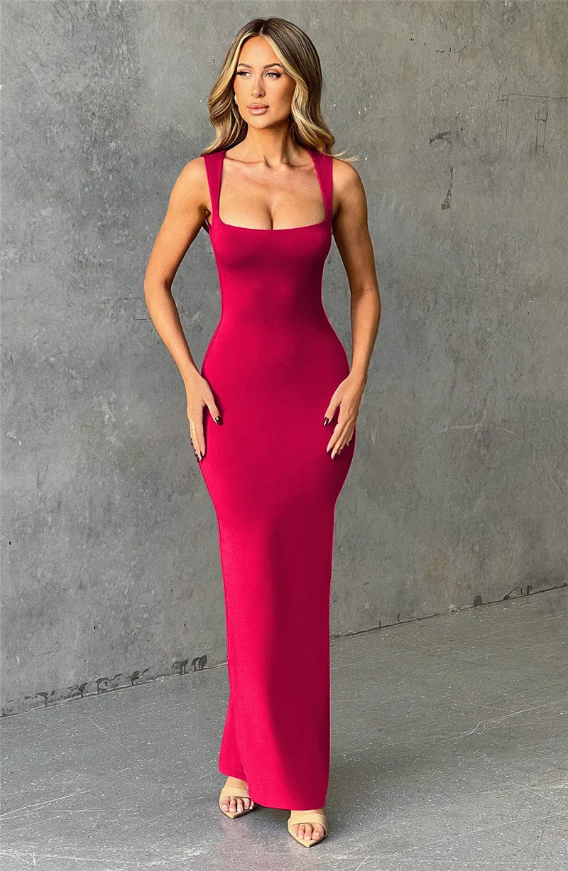 Elegant Sleeveless Sexy Maxi Dress For Women Summer New Square Collar Bodycon Club Party Long Tank Dress New 2024