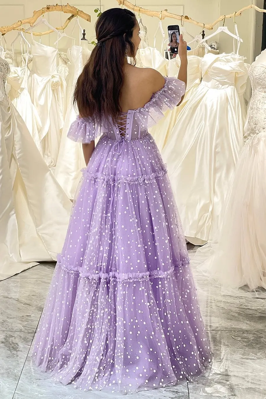 Off the Shoulder A-line Evening Gowns Lilac Dot Tulle Lace Up Corset Long Prom Dress Sweetheart Ruched Quinceanera Dresses 2024