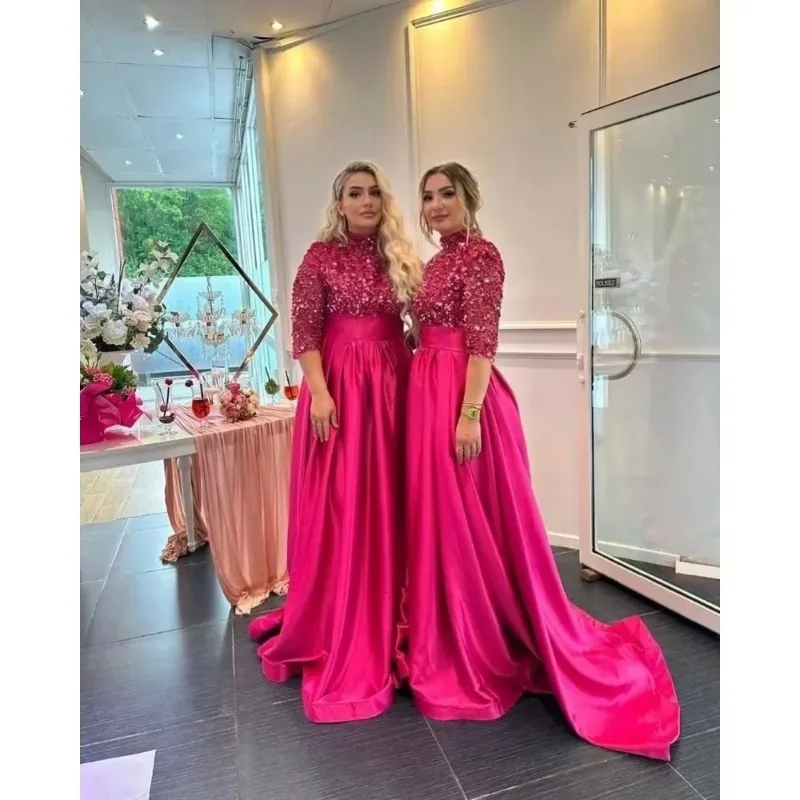 Satin Sequins Glitter Prom Dress with Slit High-Neck Ball Dress A Line Formal Evening Party Gown for Women Robe De Soirée