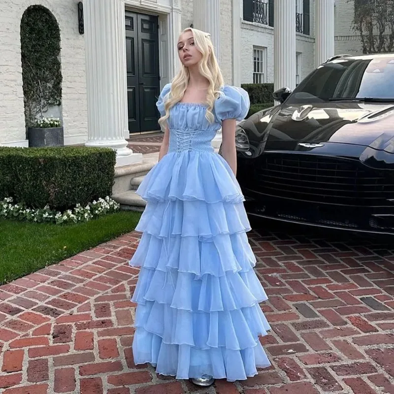 Fashion Lady Sky Blue Tiered Skirt Prom Dress Puff Short Sleeves Lace Up Formal Party Evening Gown Teen Birthday Vestidos