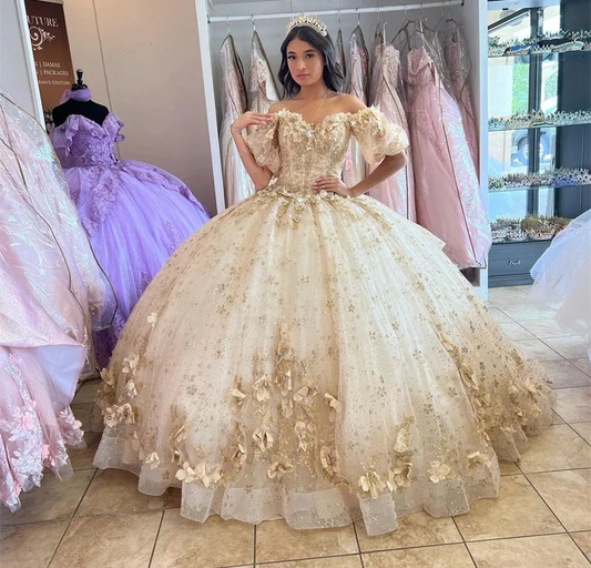 Champagne Quinceanera Dresses Ball Gown Off The Shoulder Sparkly Floral Sweet 16 Dresses 15 Años Mexican