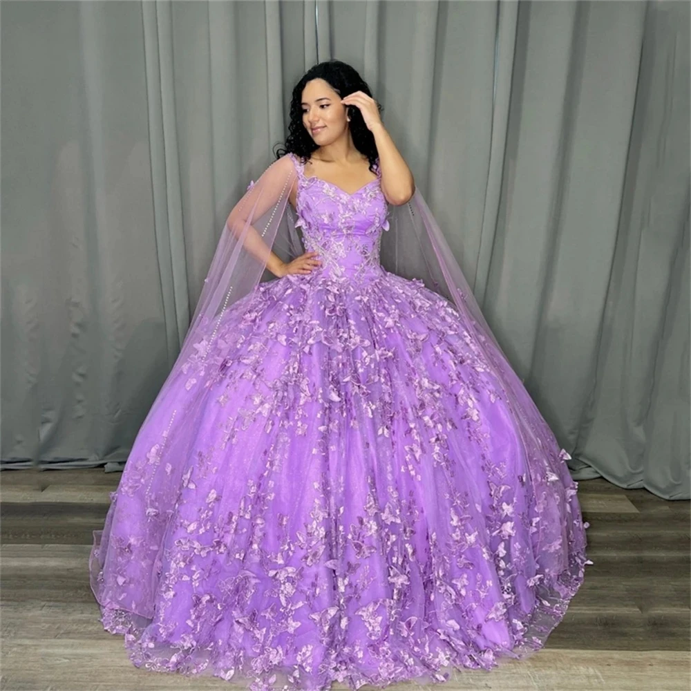 Lavender Quinceanera Dresses Ball Gown Spaghetti Straps Tulle Appliques Lace Sweet 16 Dresses 15 Años Mexican