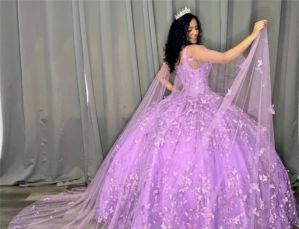 Lavender Quinceanera Dresses Ball Gown Spaghetti Straps Tulle Appliques Lace Sweet 16 Dresses 15 Años Mexican