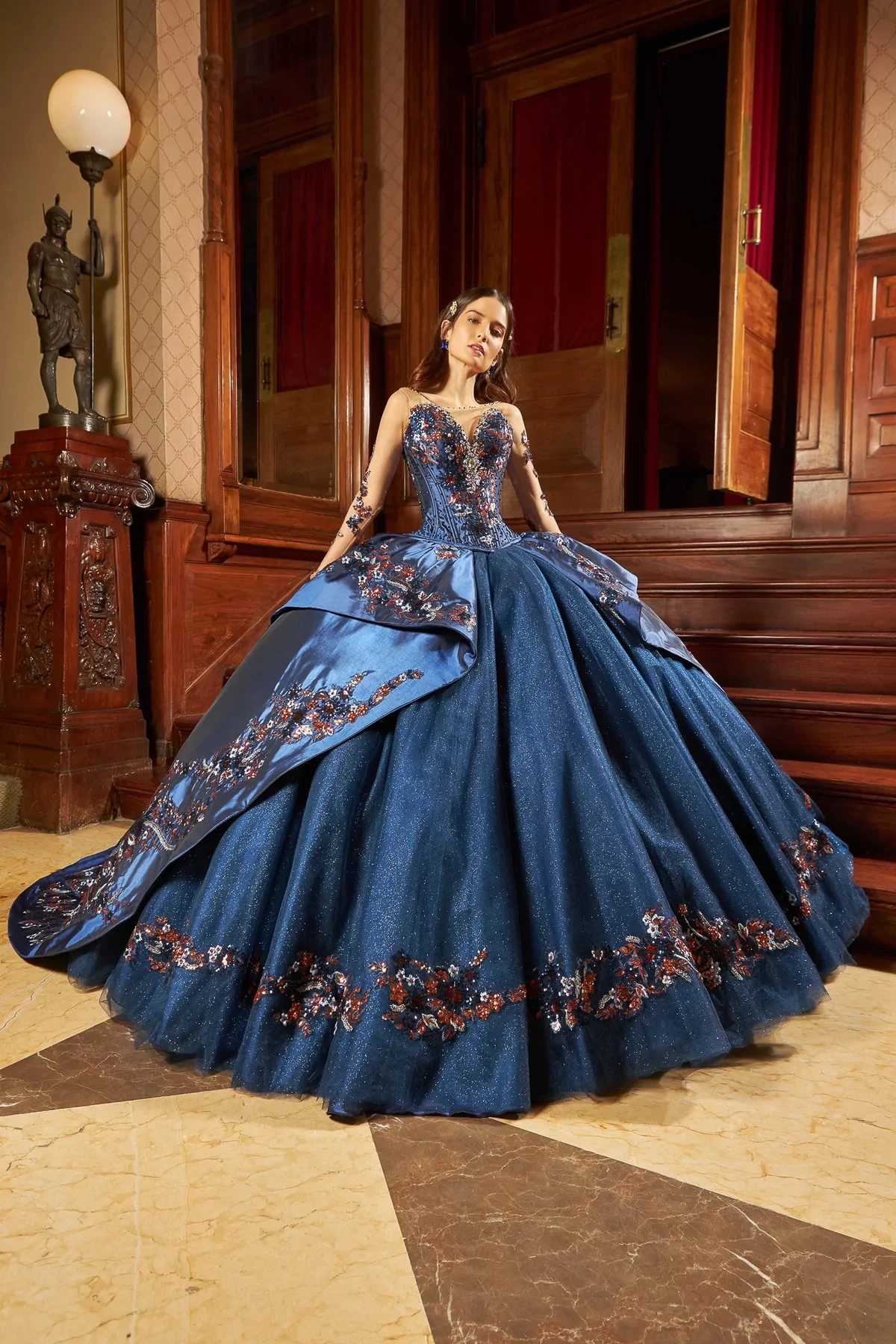 Blue Mexican Quinceanera Dresses Ball Gown Long Sleeves Appliques Sparkly Puffy Sweet 16 Dresses 15 Años