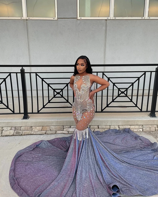 Lilac Sparkly Diamond Long Prom Dresses For Black Girls Sequins Birthday Party Dresses African Mermaid Evening Gown Robe De