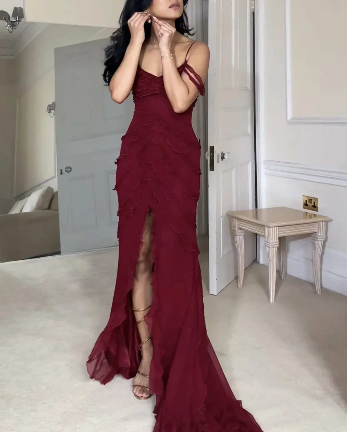 Wine Red Off Shoulder Straps Multi-layered Ruffles Long Prom Dress